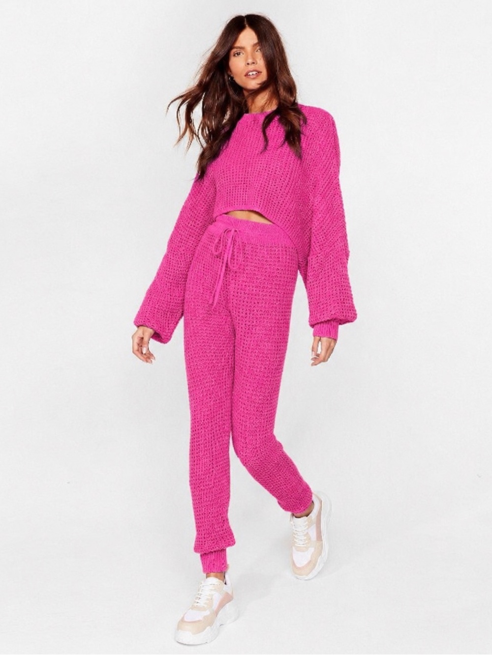 Nasty Gal Hot Pink Waffle Knit High Waist Joggers & Crop Sweater Set, Size Large